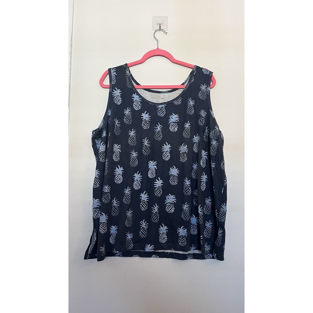 Woman Within Navy Blue Pineapple Print Summer Sleeveless Blouse Plus Size 1X